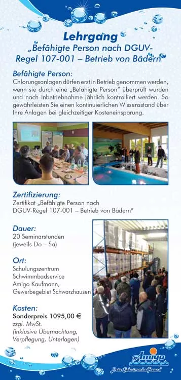 Flyer zum Lehrgang "Befähigte Person - Betrieb von Bädern"